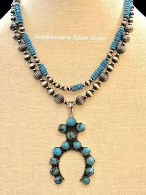 Sterling Silver Desert Pearls Turquoise Naja Squash Blossom Pendant Necklace
